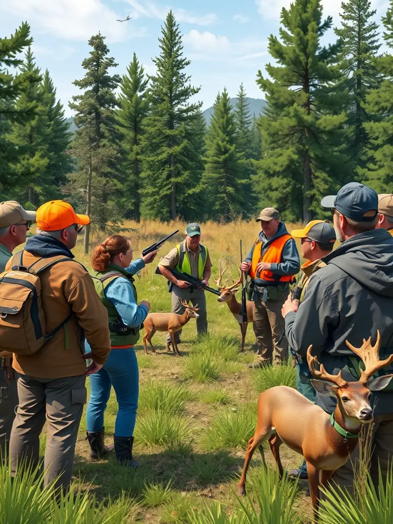 A community workshop with local residents and hunters learning about sustainable practices in a natural setting.