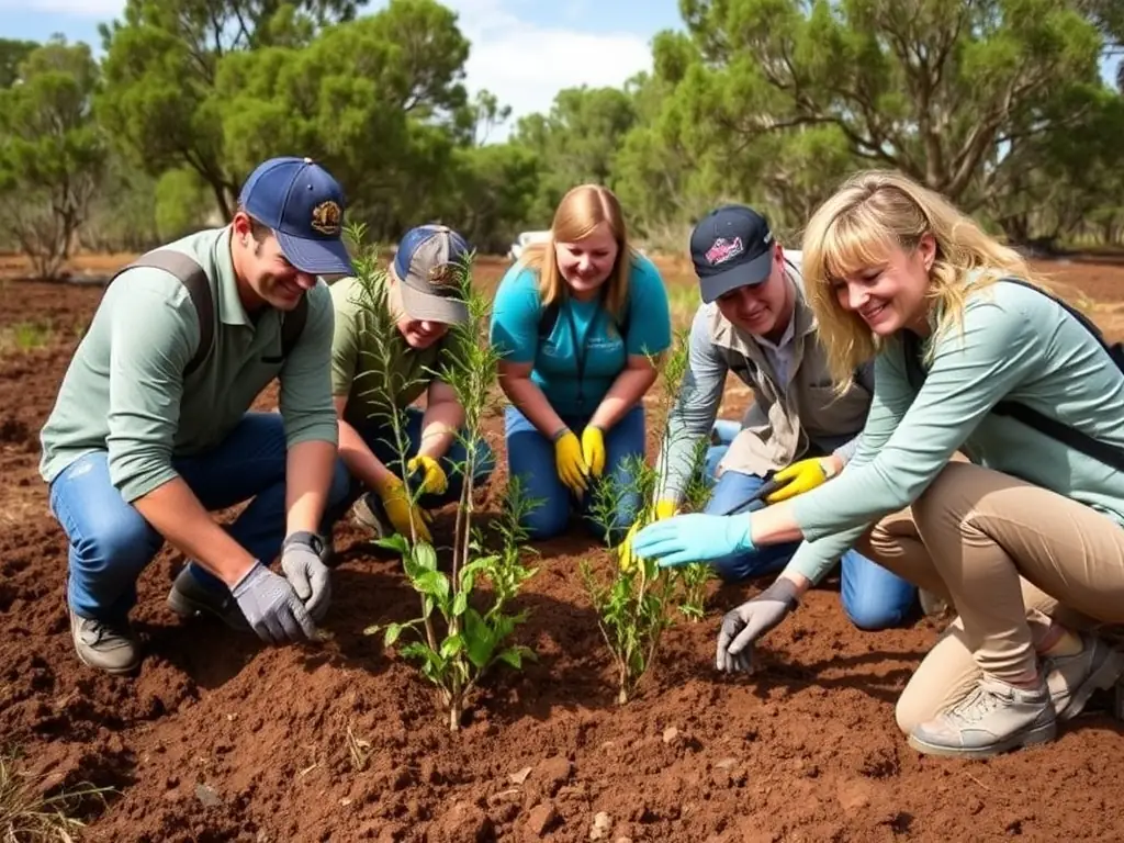 A group of volunteers participating in a wildlife habitat restoration project, planting native trees and shrubs in a deforested area. The image should convey a sense of community involvement and environmental stewardship.