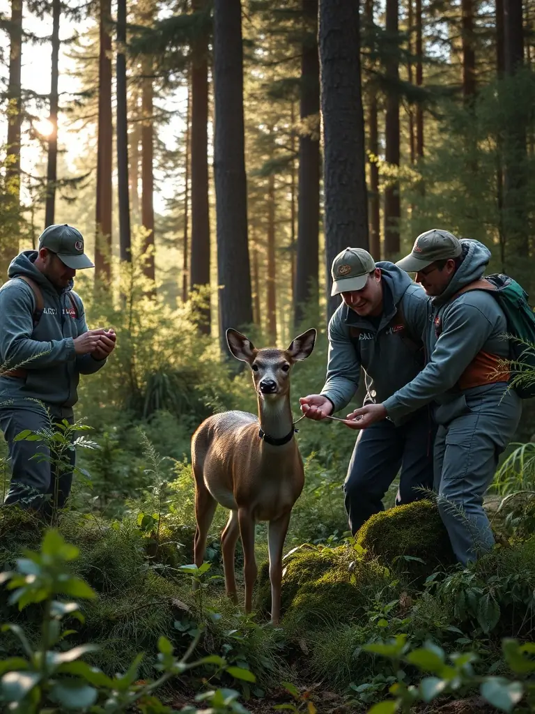 A team of conservationists releasing native deer into a lush, protected habitat, illustrating our wildlife management efforts.