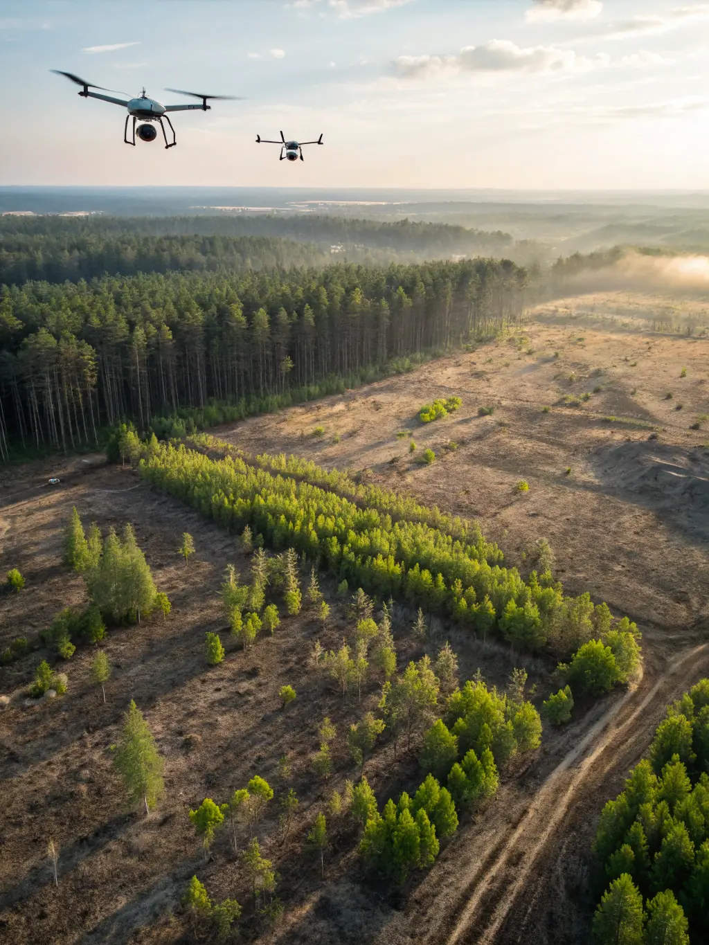 A drone view of a reforested area, showcasing the positive impact of habitat restoration projects on local wildlife.
