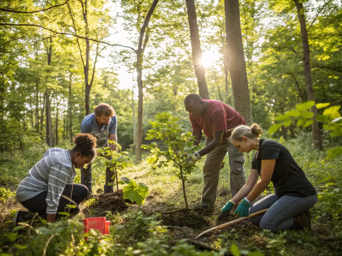 A team of conservationists working to remove invasive species from a protected area. The image should highlight the importance of controlling invasive species to protect native wildlife and ecosystems.