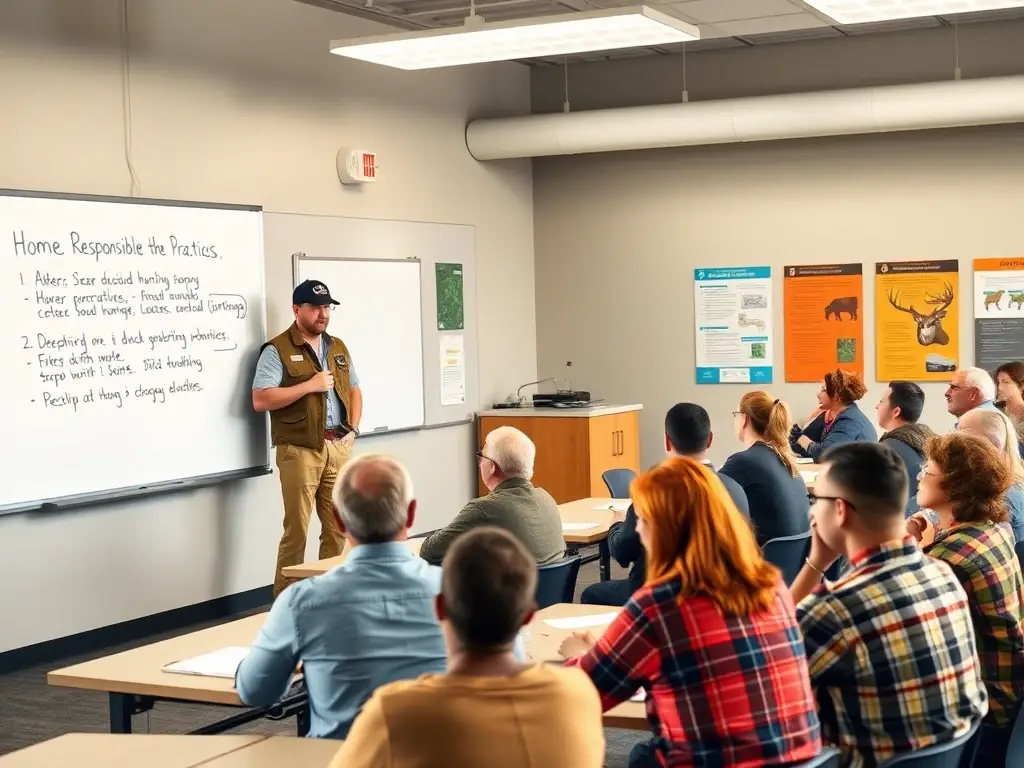 A wildlife expert leading a workshop on responsible hunting practices for local hunters. The image should depict a classroom setting with participants actively engaged in learning about conservation and ethical hunting.