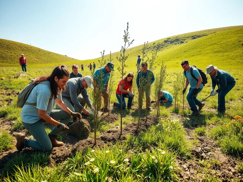 A group of volunteers planting trees in a deforested area, symbolizing habitat restoration efforts by the organization.